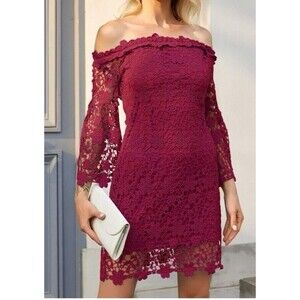 Auxo Deep Pink Party Lace Mini Dress w/ Bell Sleeves Off the Shoulders NEW Large